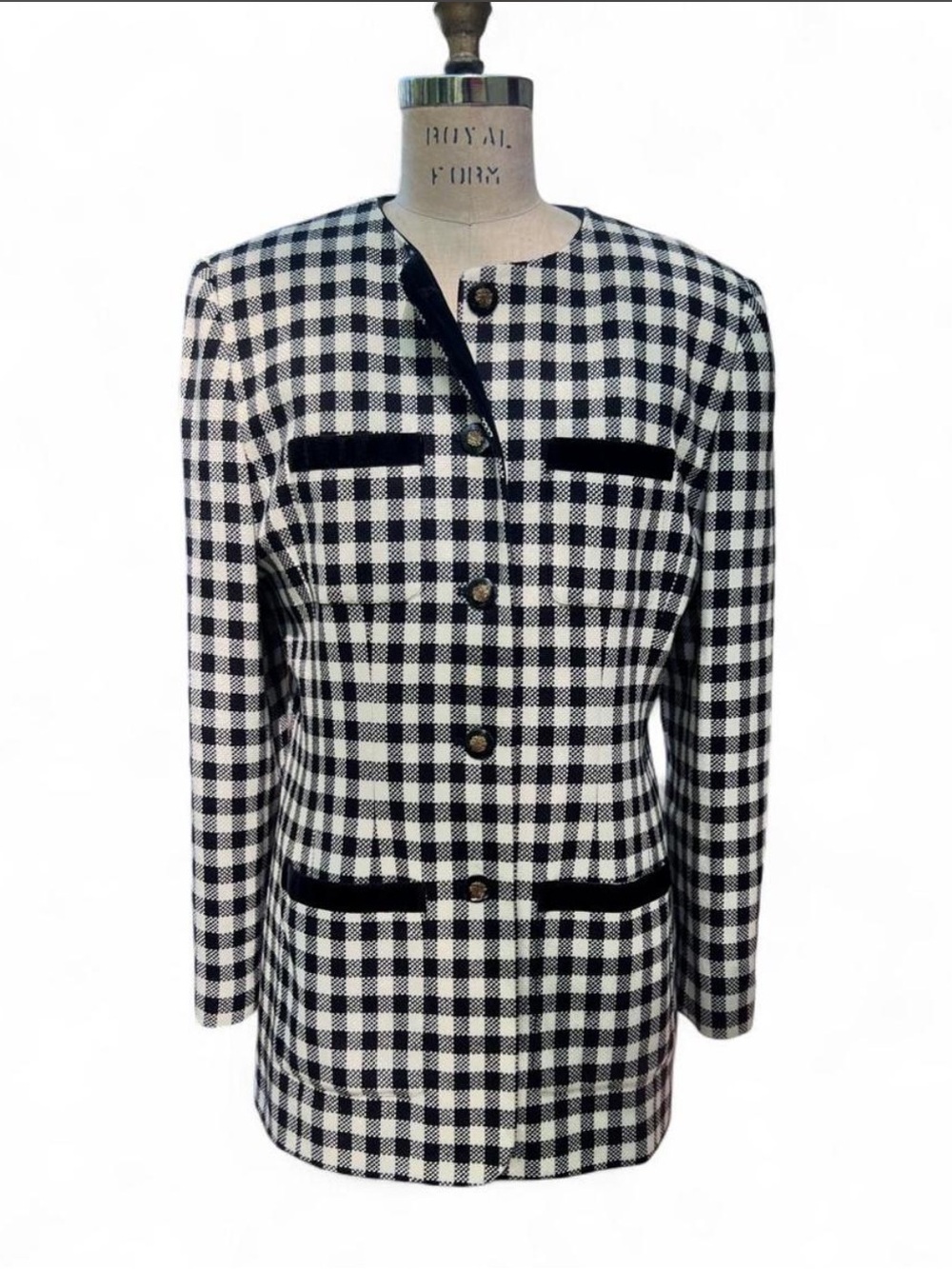 Vintage Liz Claiborne Wool Check Blazer Velvet Trim Size 12 M L